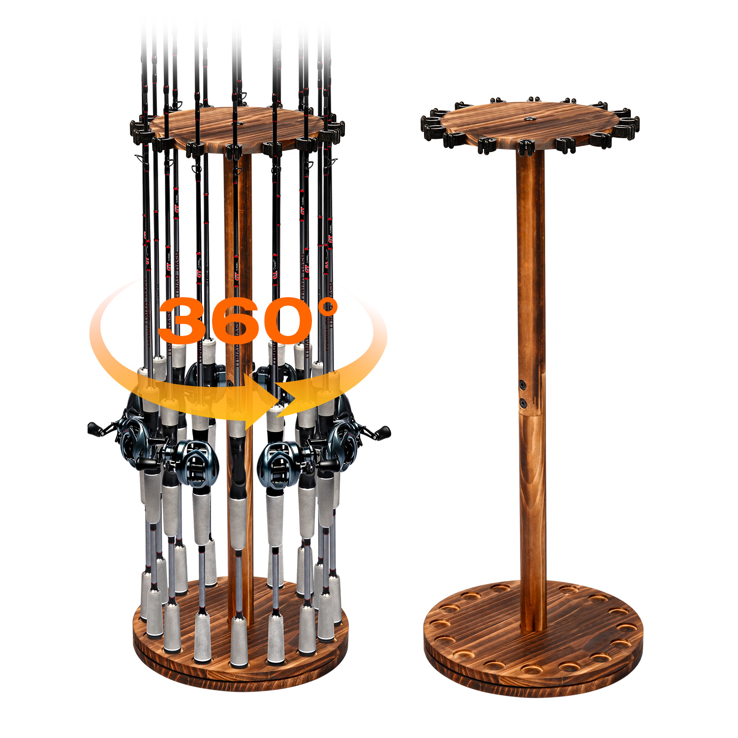 Fishing Equipment Holder - Okrągły, karbonizowany drewniany uchwyt na wędki,